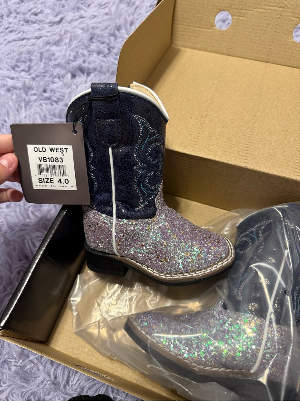 Old West Kids Glitter Purple and Navy Western Boots